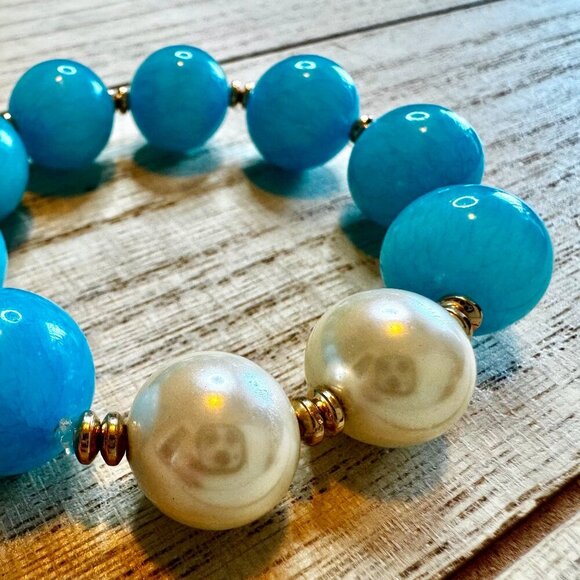Chunky Bright Blue Quartz & Mother of Pearl Statement Bracelet w/Gold Hematite - Picture 1 of 2
